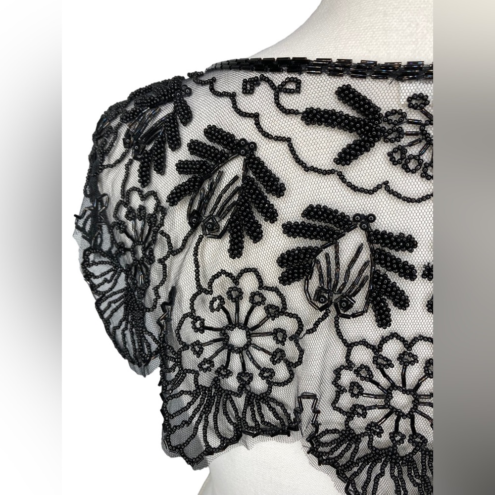 Vintage Black Beaded Mesh Floral Design Bolero Collar Shaw Belt Multi-way Piece - Picture 6 of 16